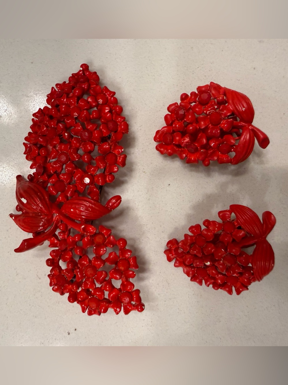 Red Floral Cluster Statement Earrings and Brooch Set